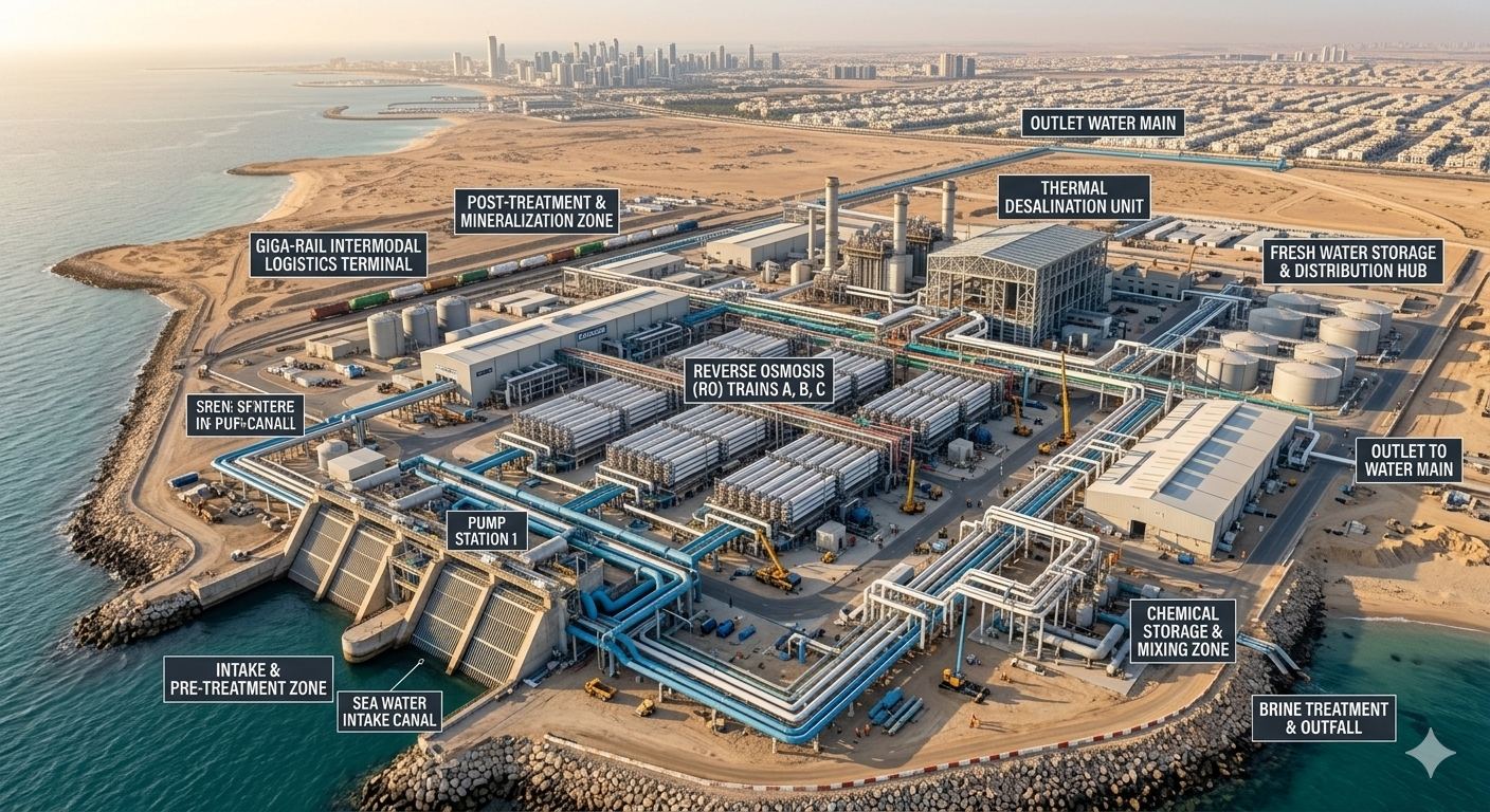 Coastal desalination plant with reverse osmosis trains