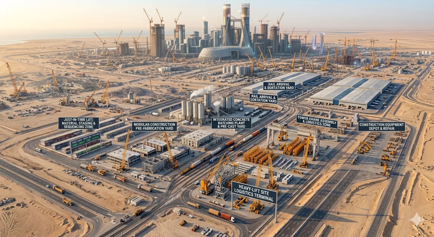 Giga-project logistics yard with laydown areas and rail sidings
