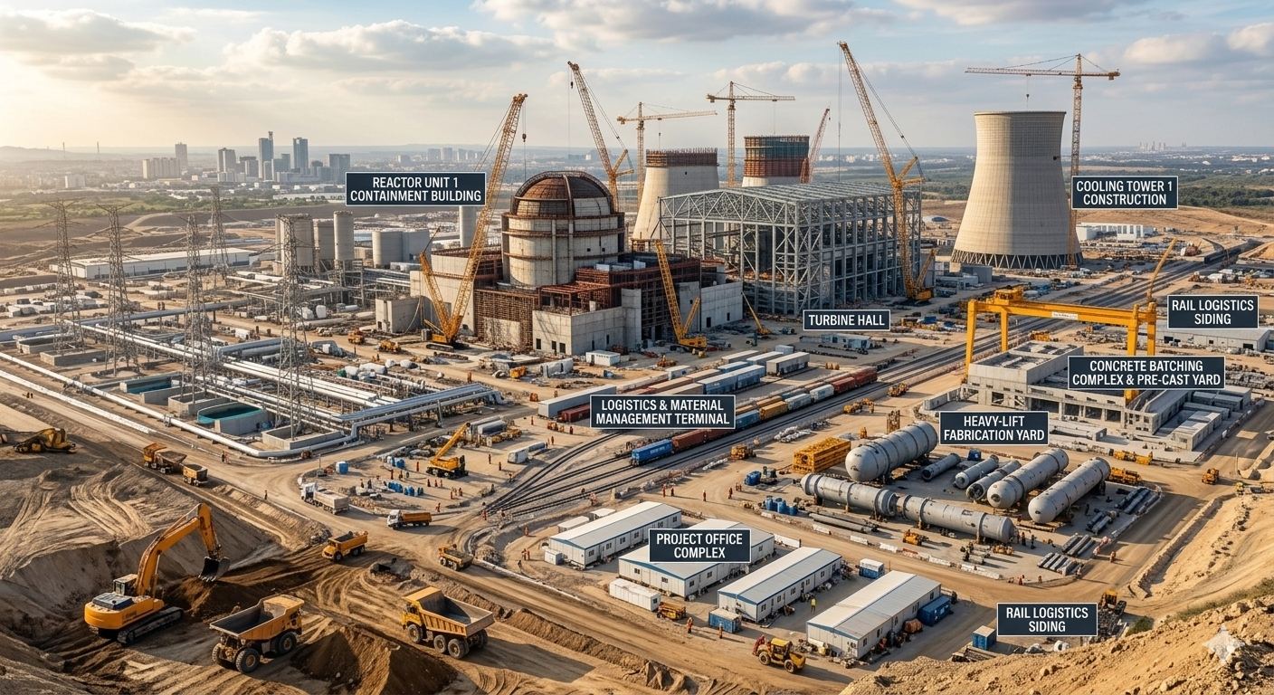 Power plant under construction with cooling towers